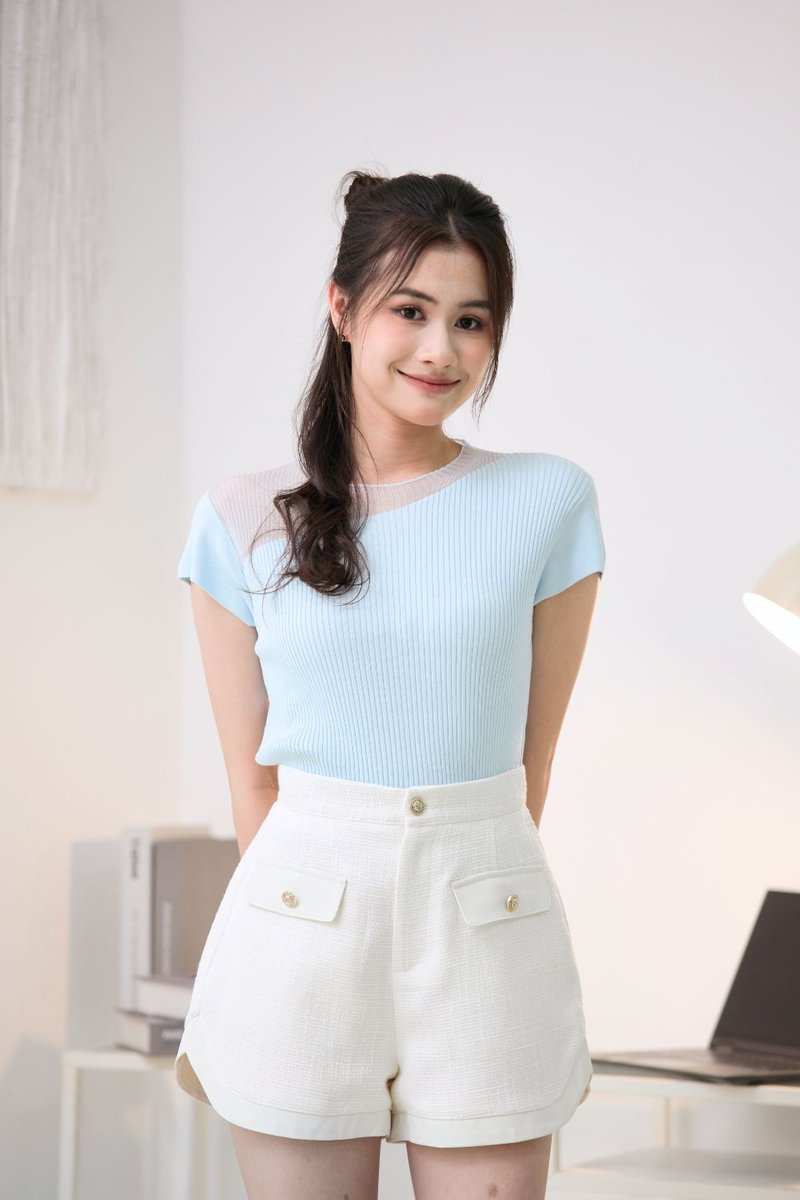 Portia Sheer Shoulder Knit Top Sky