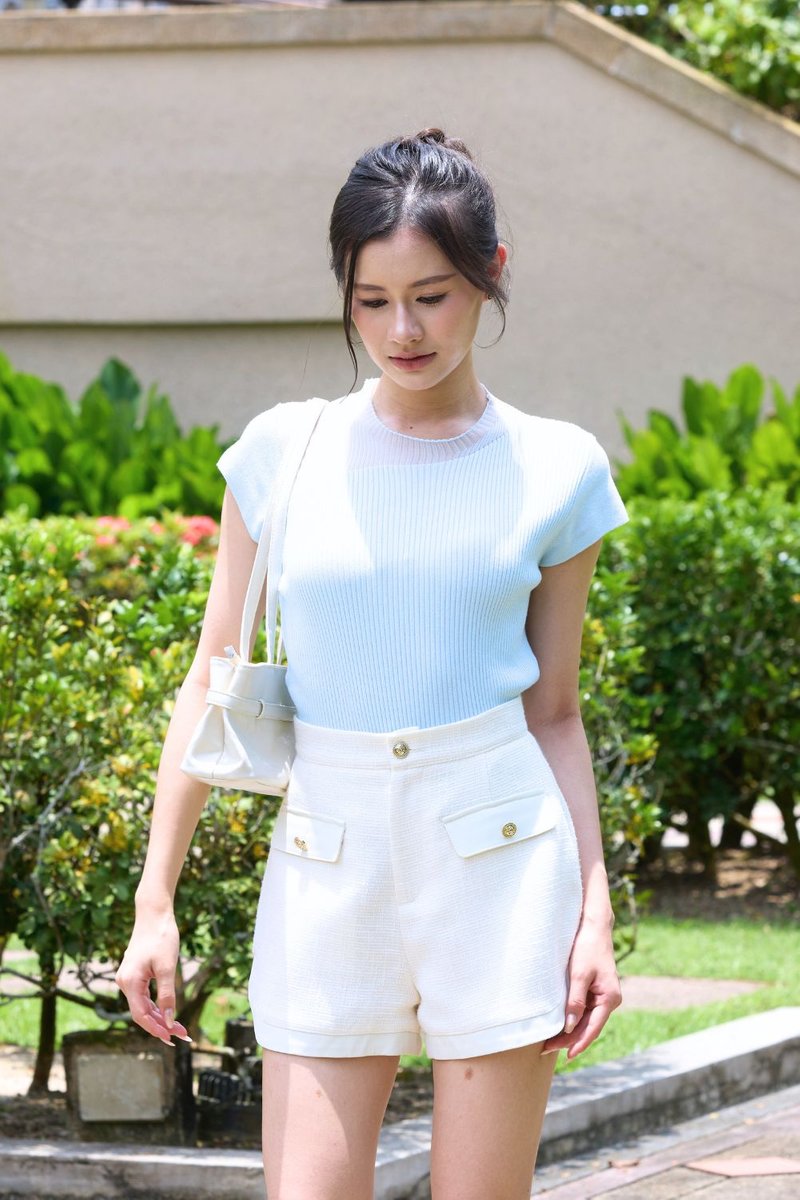 Portia Sheer Shoulder Knit Top Sky