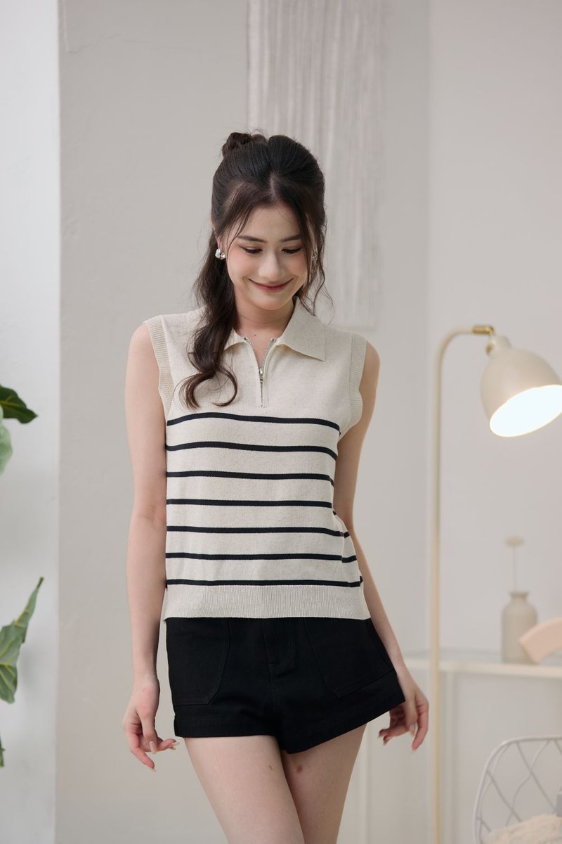 Clarisse Striped Knit Half-Zip Vest Top Beige