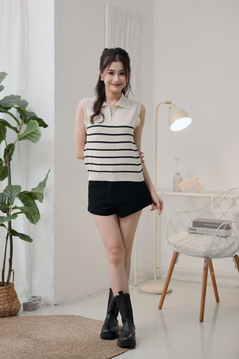 Clarisse Striped Knit Half-Zip Vest Top Beige
