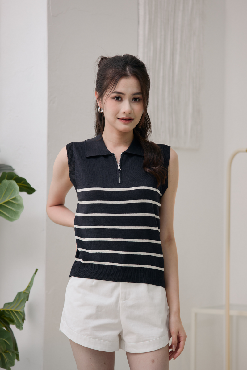 Clarisse Striped Knit Half-Zip Vest Top Black