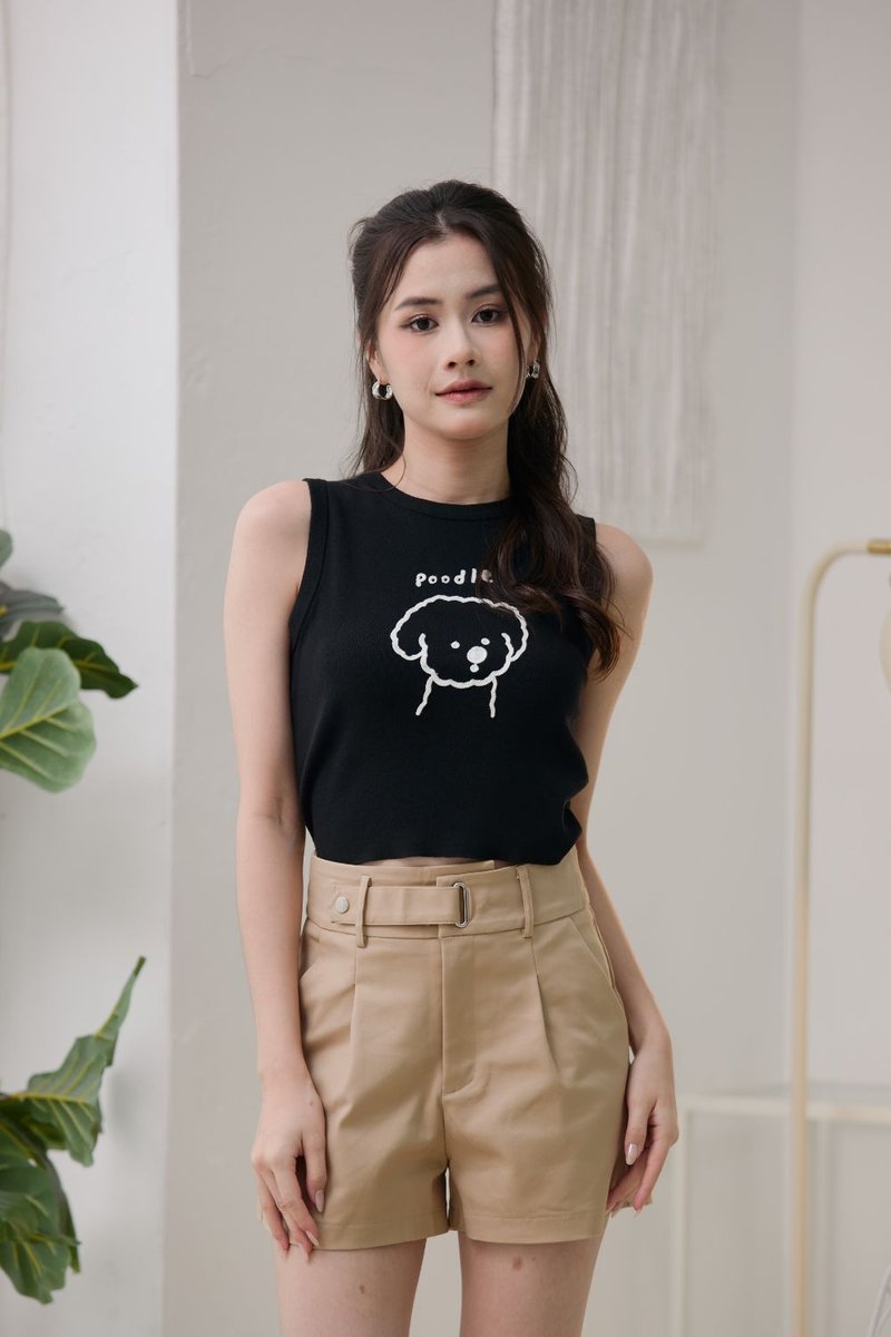 Noelle High Waist Overlap Button Shorts Khaki
