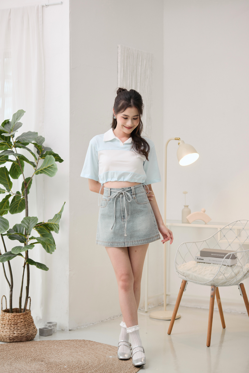 Florene Contrast Polo Crop Top Sky