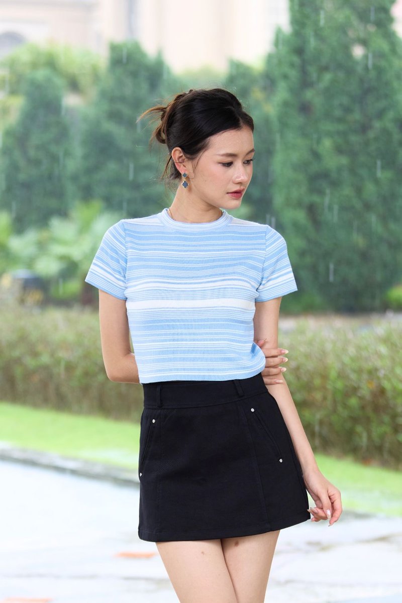 Aurevia Variegated Stripes Short Sleeve Top Sky