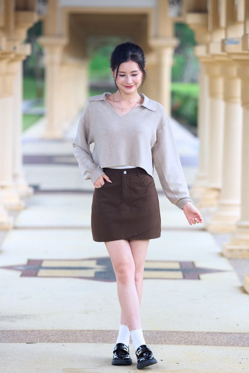 Catherine Collared Long Sleeve Knit Pullover Khaki