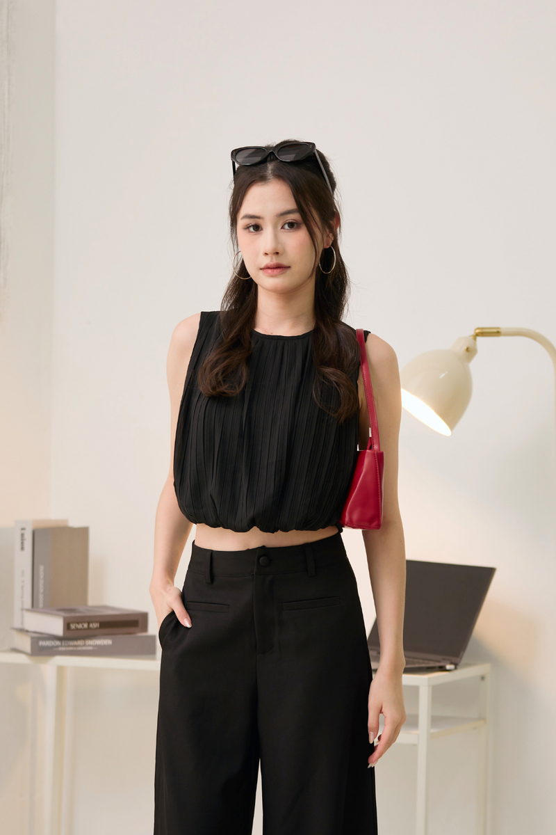 Dominique Plissé Chiffon Top Black