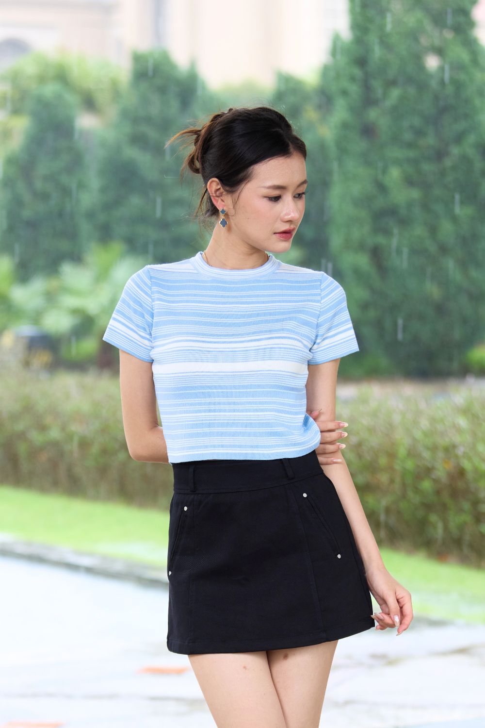 Aurevia Variegated Stripes Short Sleeve Top Sky