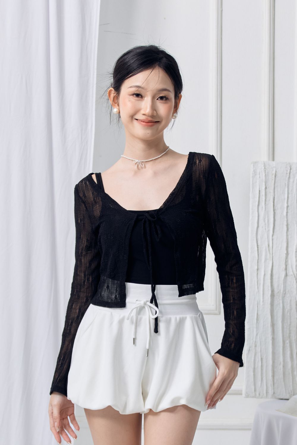 Evienne Lace Tie Cardigan Black