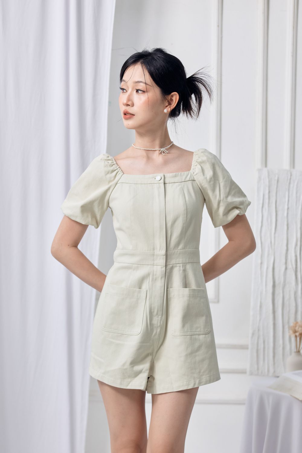 Lennie Square Neck Puff Romper Mint