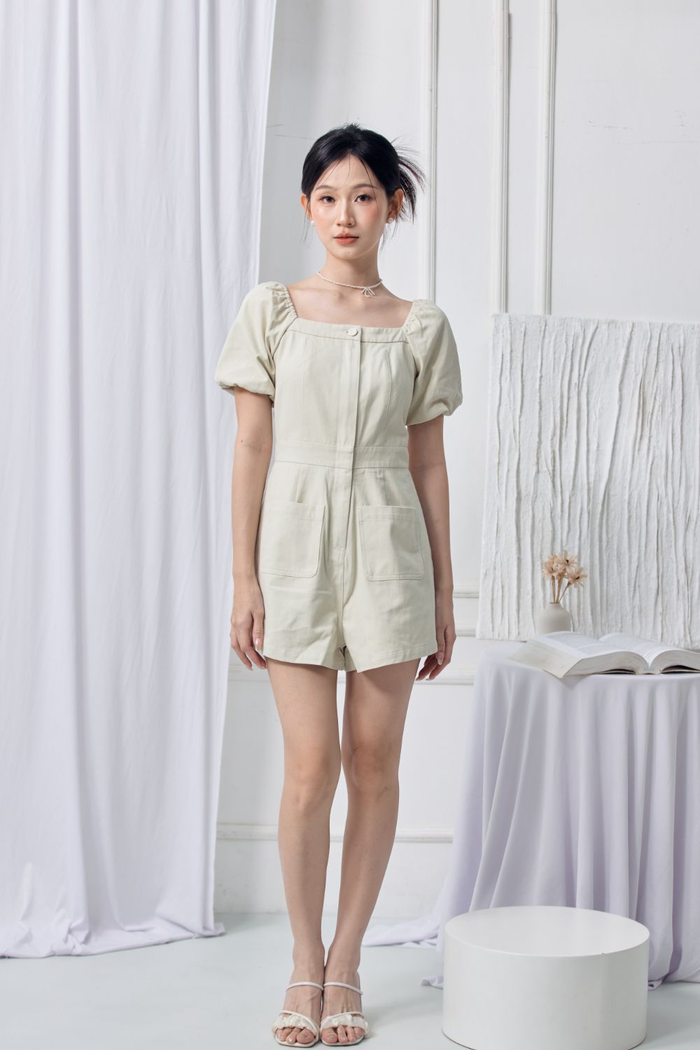 Lennie Square Neck Puff Romper Mint
