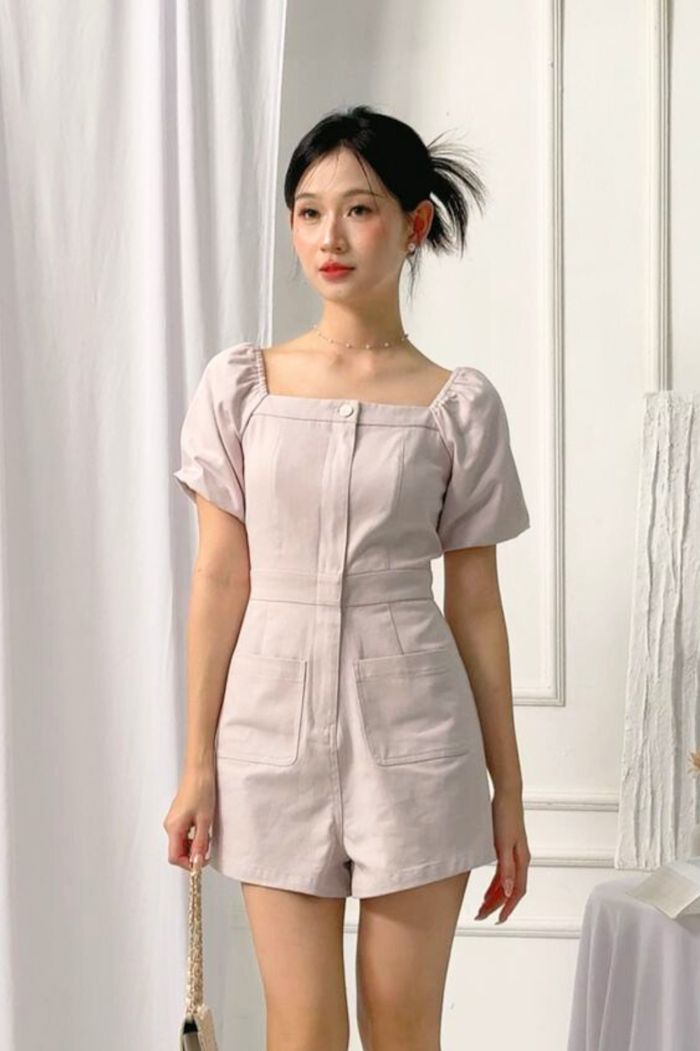 Lennie Square Neck Puff Romper Lilac