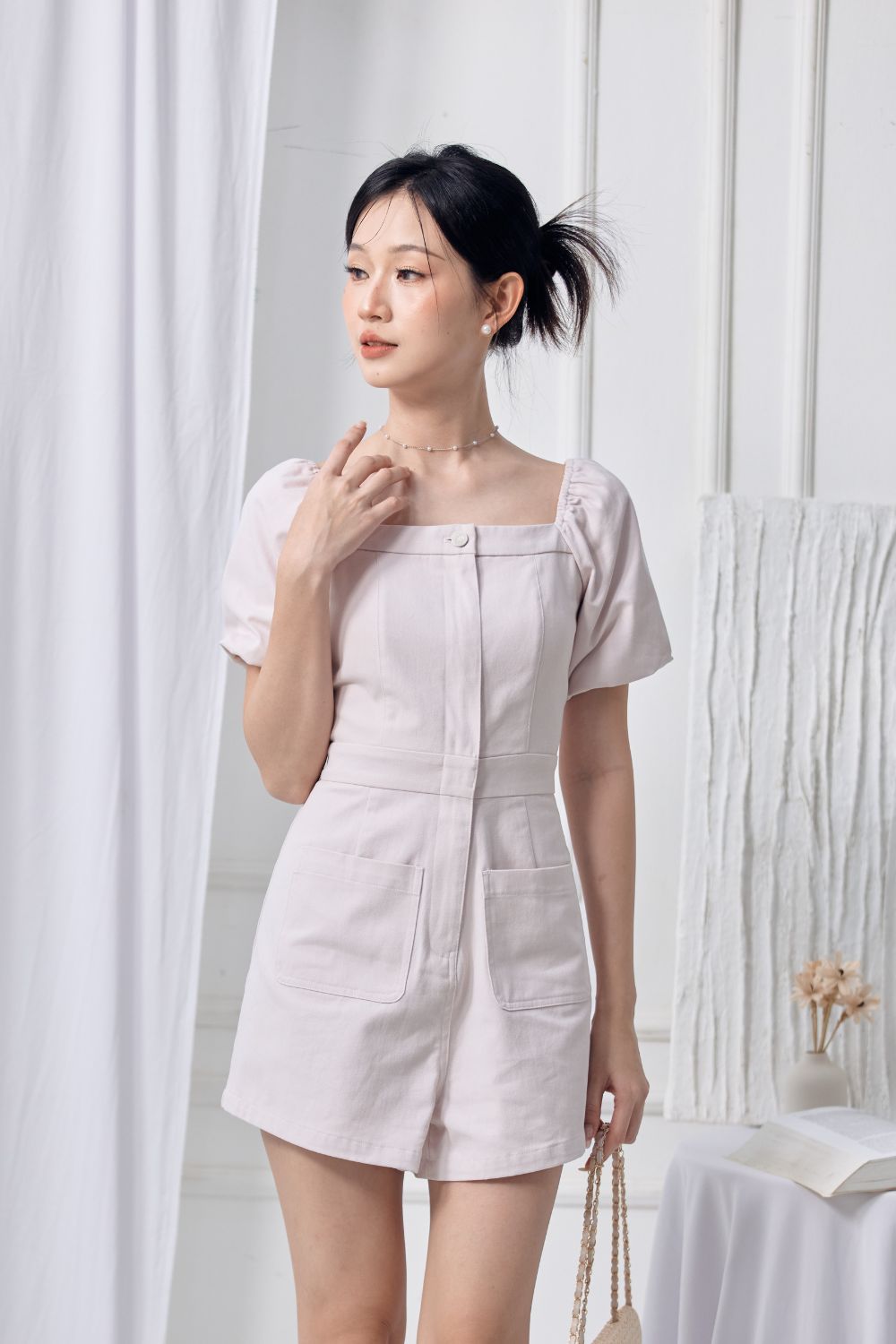 Lennie Square Neck Puff Romper Lilac