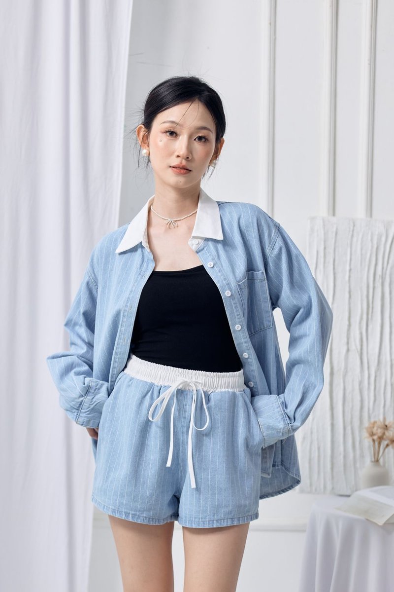 Blaine Contrast Denim Stripe Set Light Washed