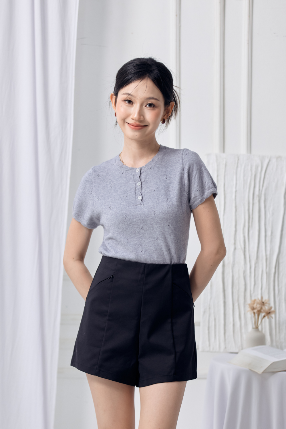 Eyelet Micro Scallop Knit Top Grey