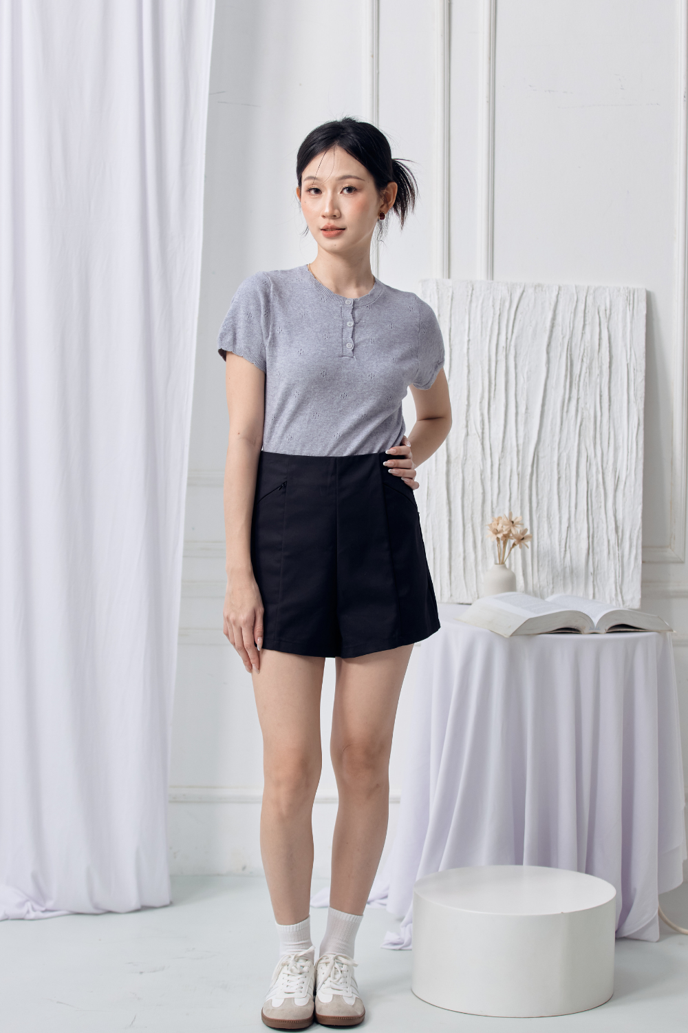 Eyelet Micro Scallop Knit Top Grey