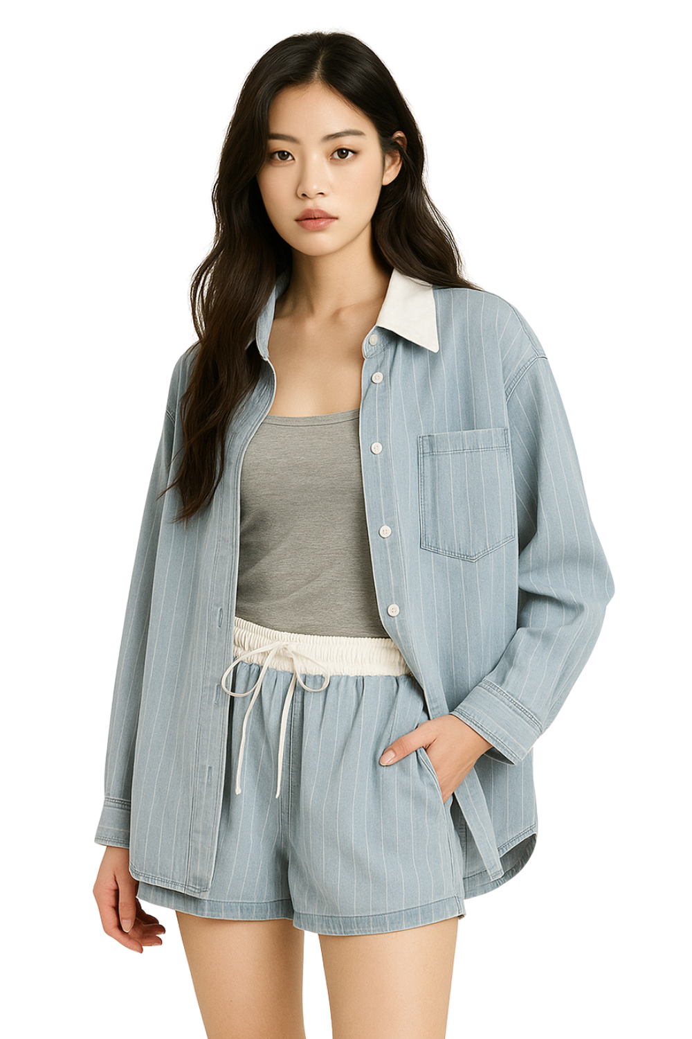 Blaine Contrast Collar Shirt & Short Light Washed Set