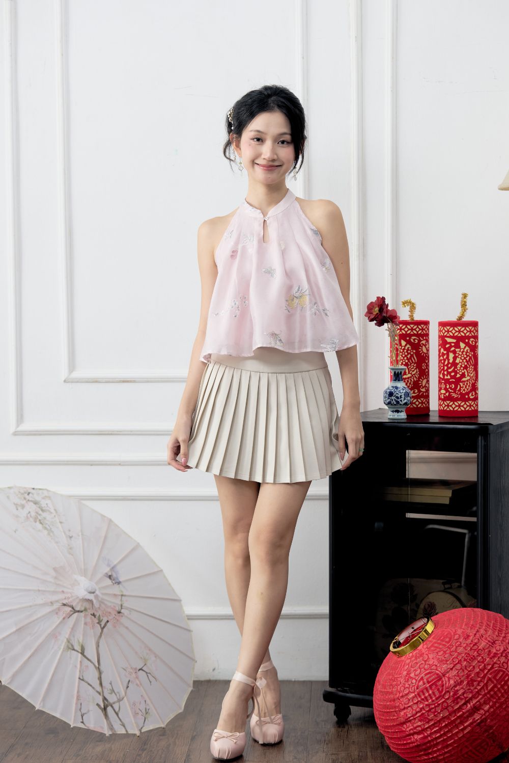 Evander Floral Embroidery Jacquard Top Blush