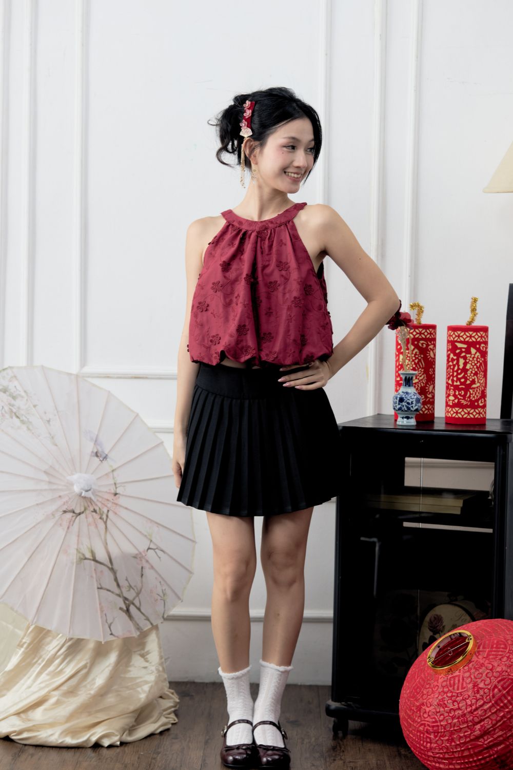 Haylen Floral Eyelet Bubble Hem Top Scarlet