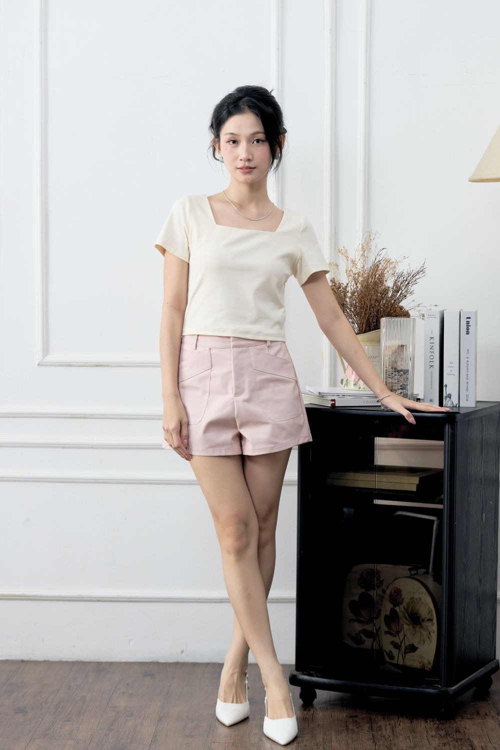 Larey Overlay Open Back Square Neck Top Cream