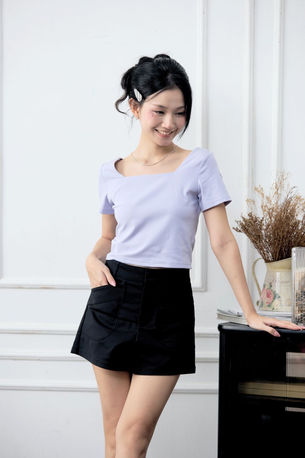 Larey Overlay Open Back Square Neck Top Lilac