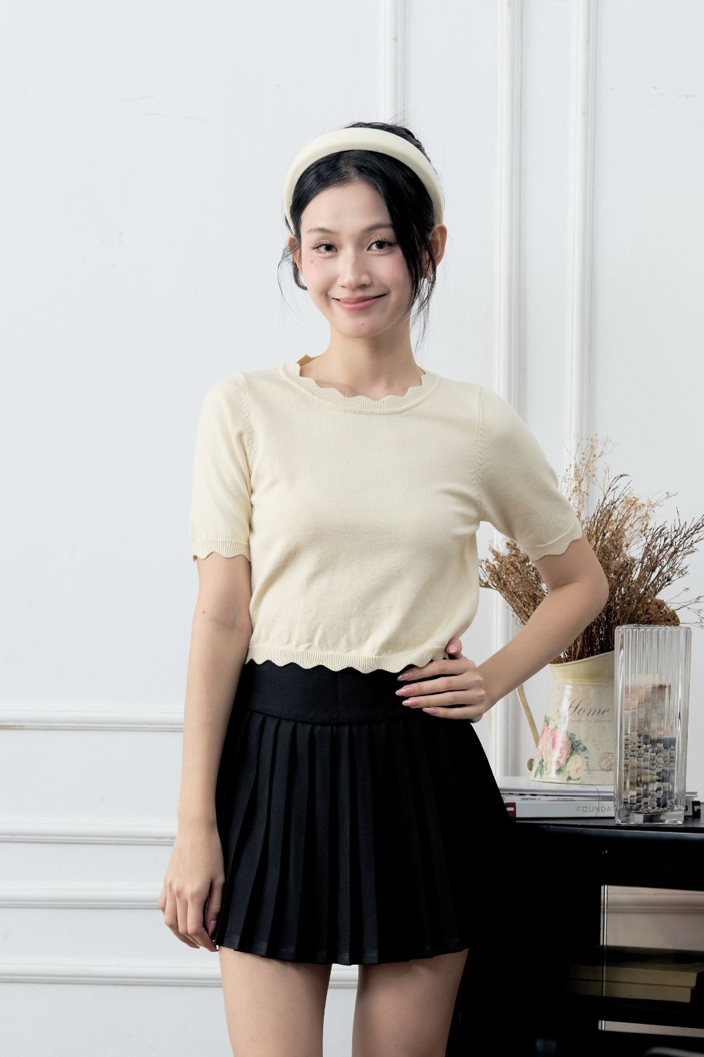 Joelle Scallop Knit Top Cream