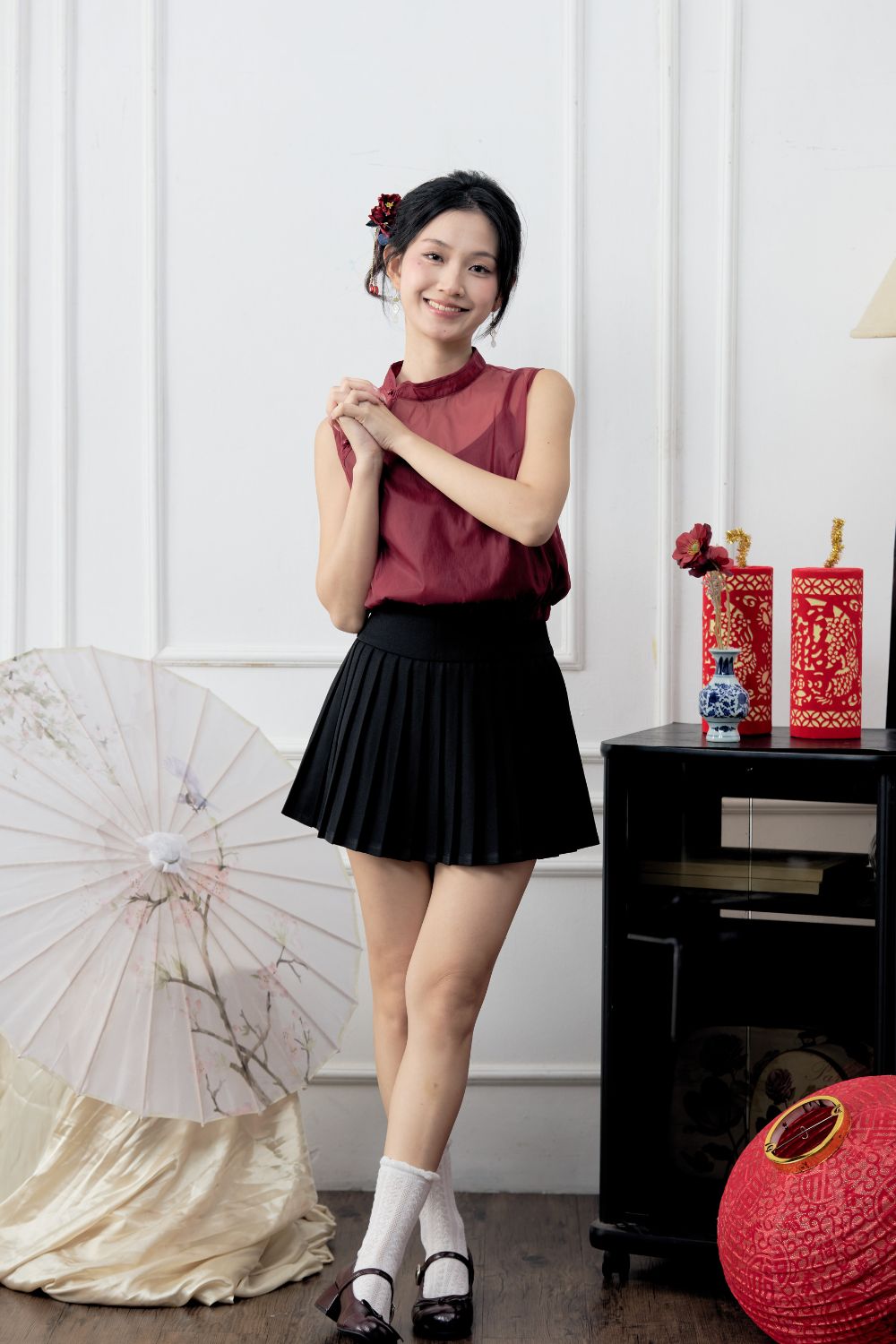 Aona Organza Cheongsam Top Scarlet