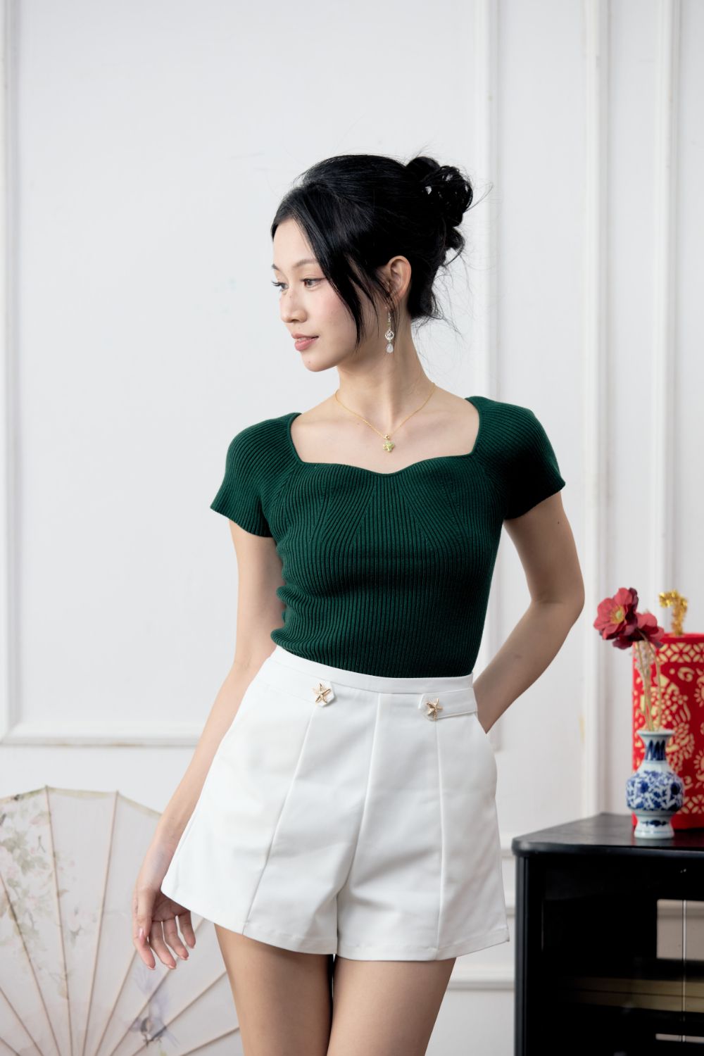 Raina Knitted Sweetheart Top Forest