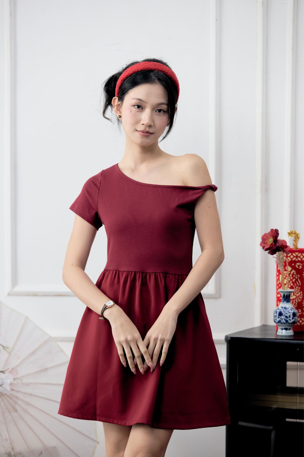 Aeriea Asymmetrical Shoulder Mix Fabric Dress Wine