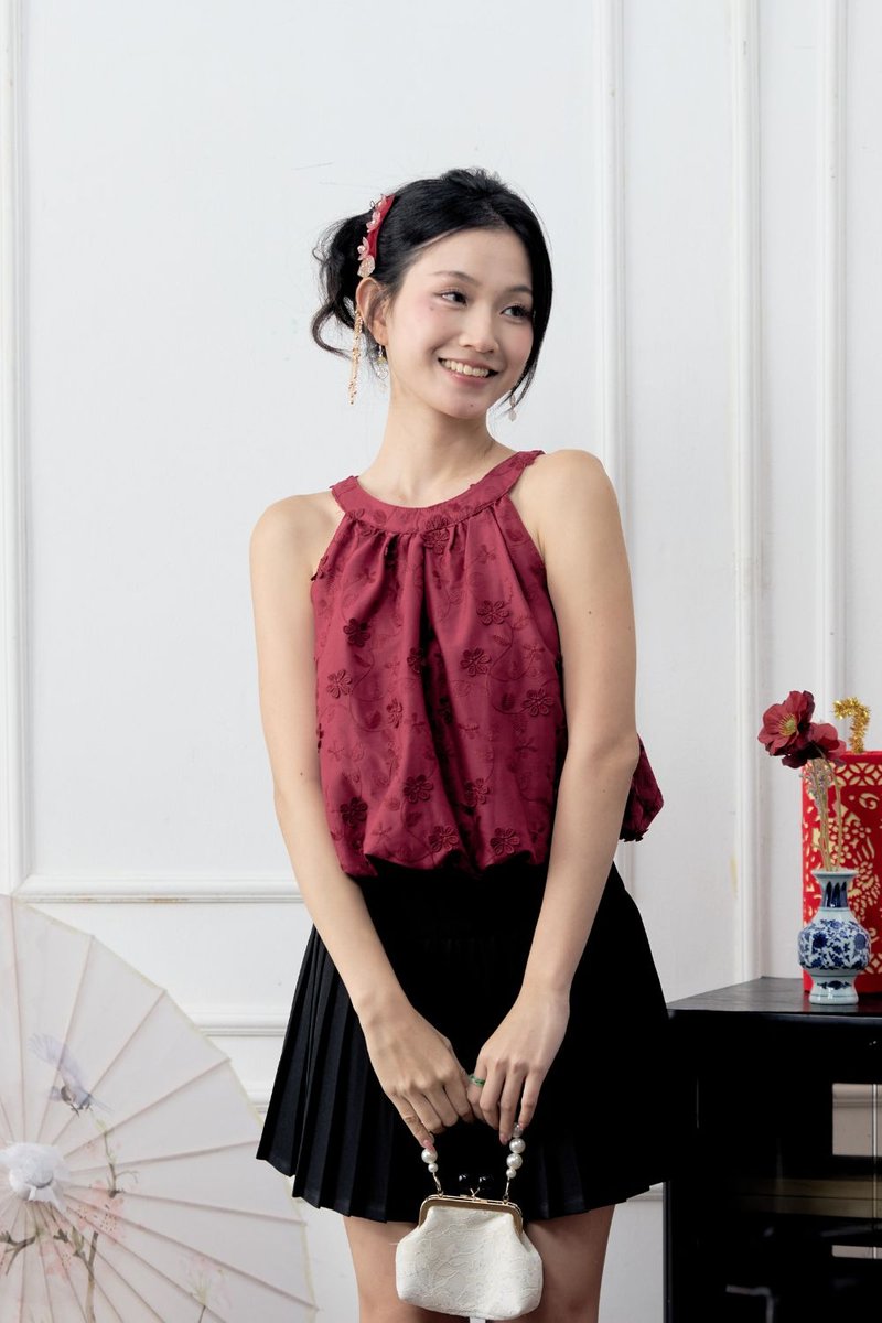 Haylen Floral Eyelet Bubble Hem Top Scarlet