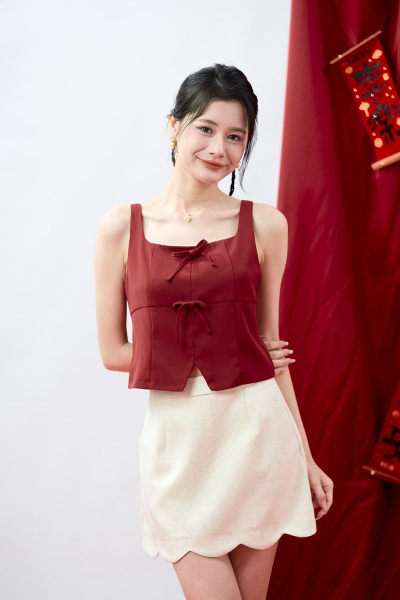 Althea Square-Neck Bow Detail Crepe Top Scarlet