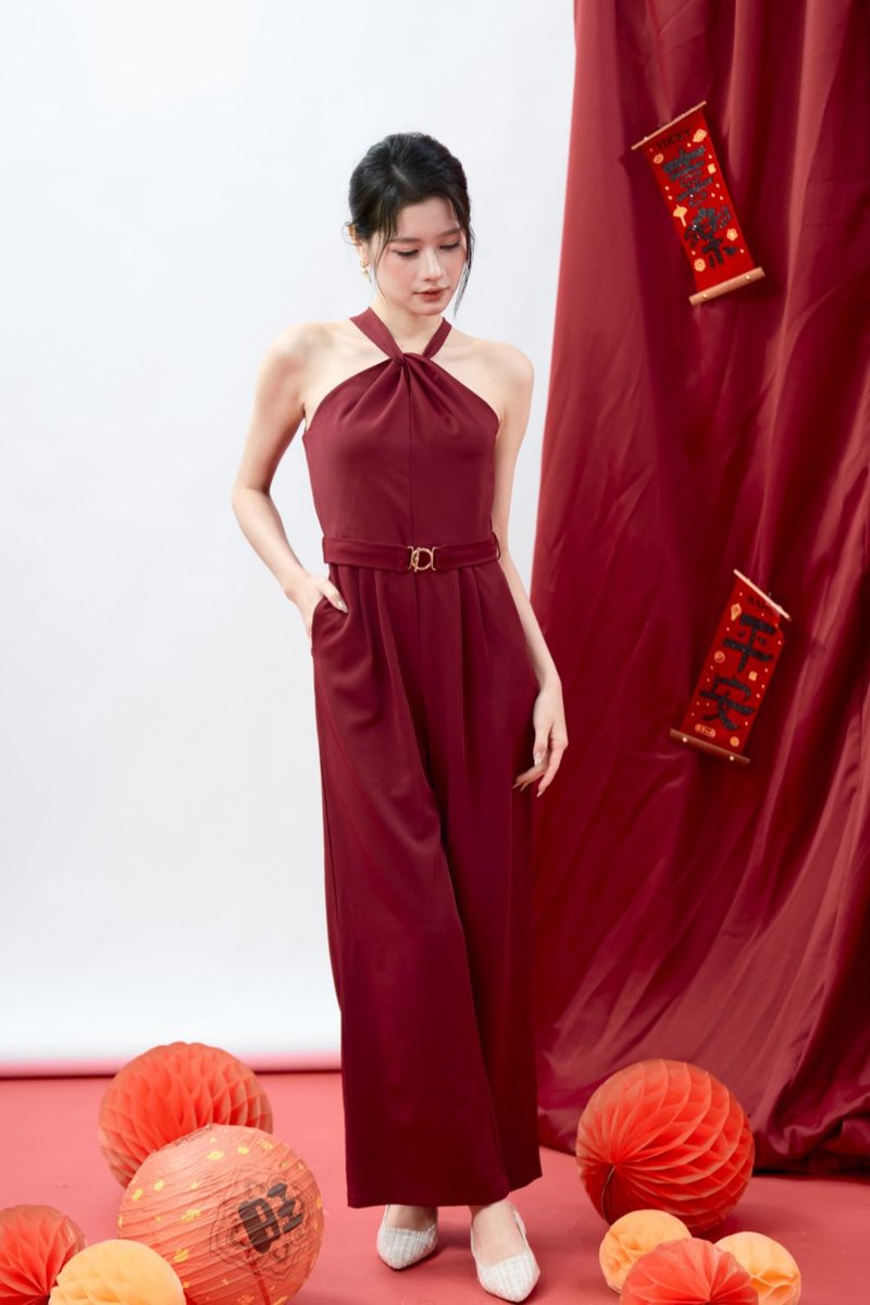 Serenelle Belted Wide-Leg Jumpsuit Scarlet