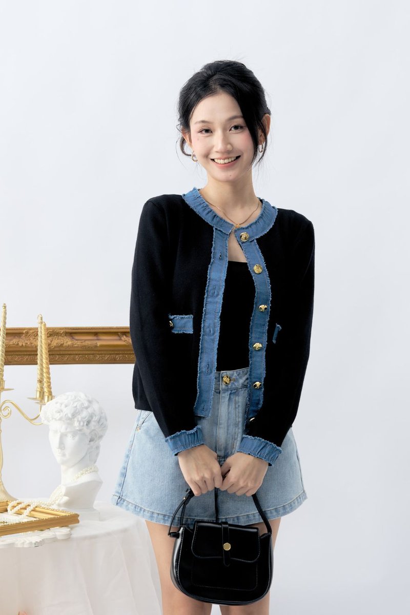 Nyxie Textured Contrast Cardigan Black