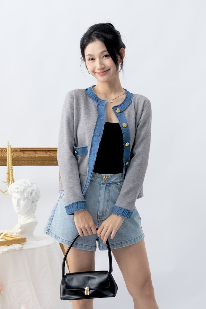 Nyxie Textured Contrast Cardigan Grey