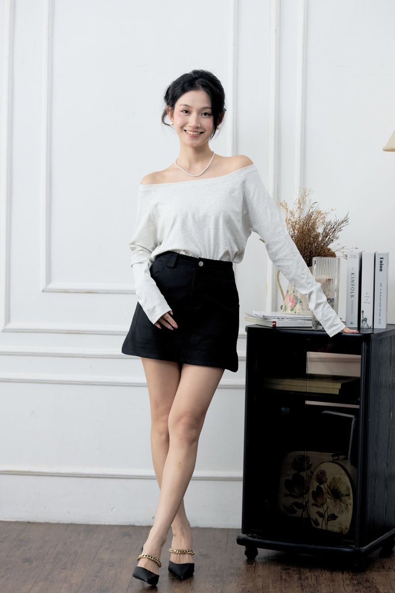 [BACKORDER] Evadne Off Shoulder Long Sleeves Top Grey