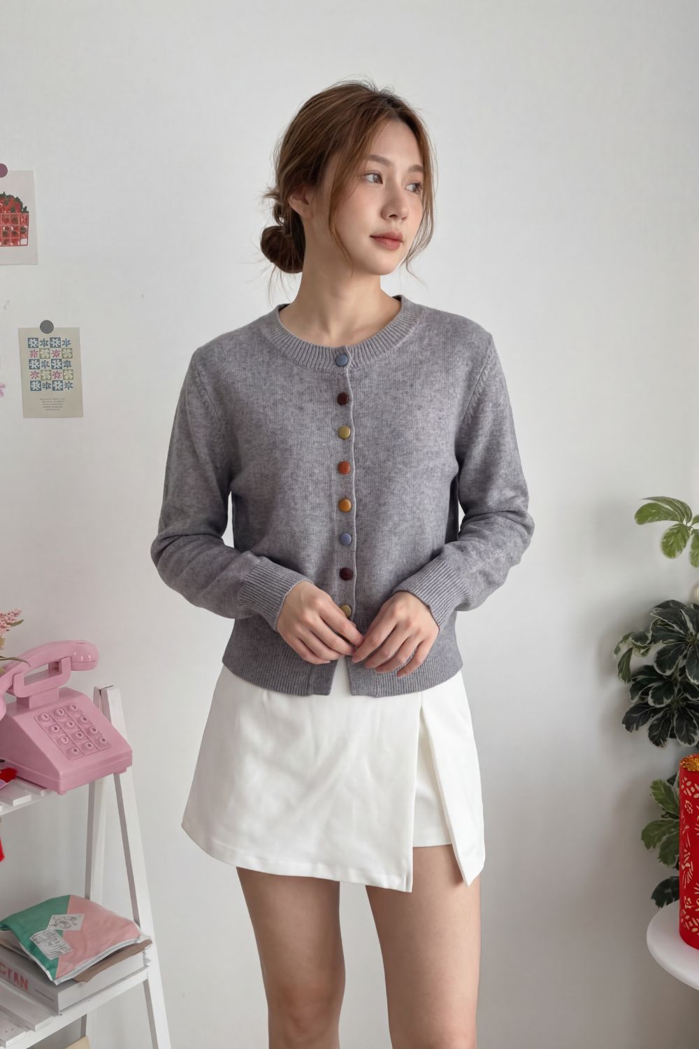 Callie Multicoloured Buttons Knit Cardigan Grey