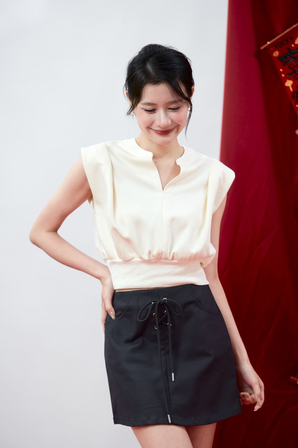 Aralyn Cap Sleeve Pleated Shoulder Knit Top Beige