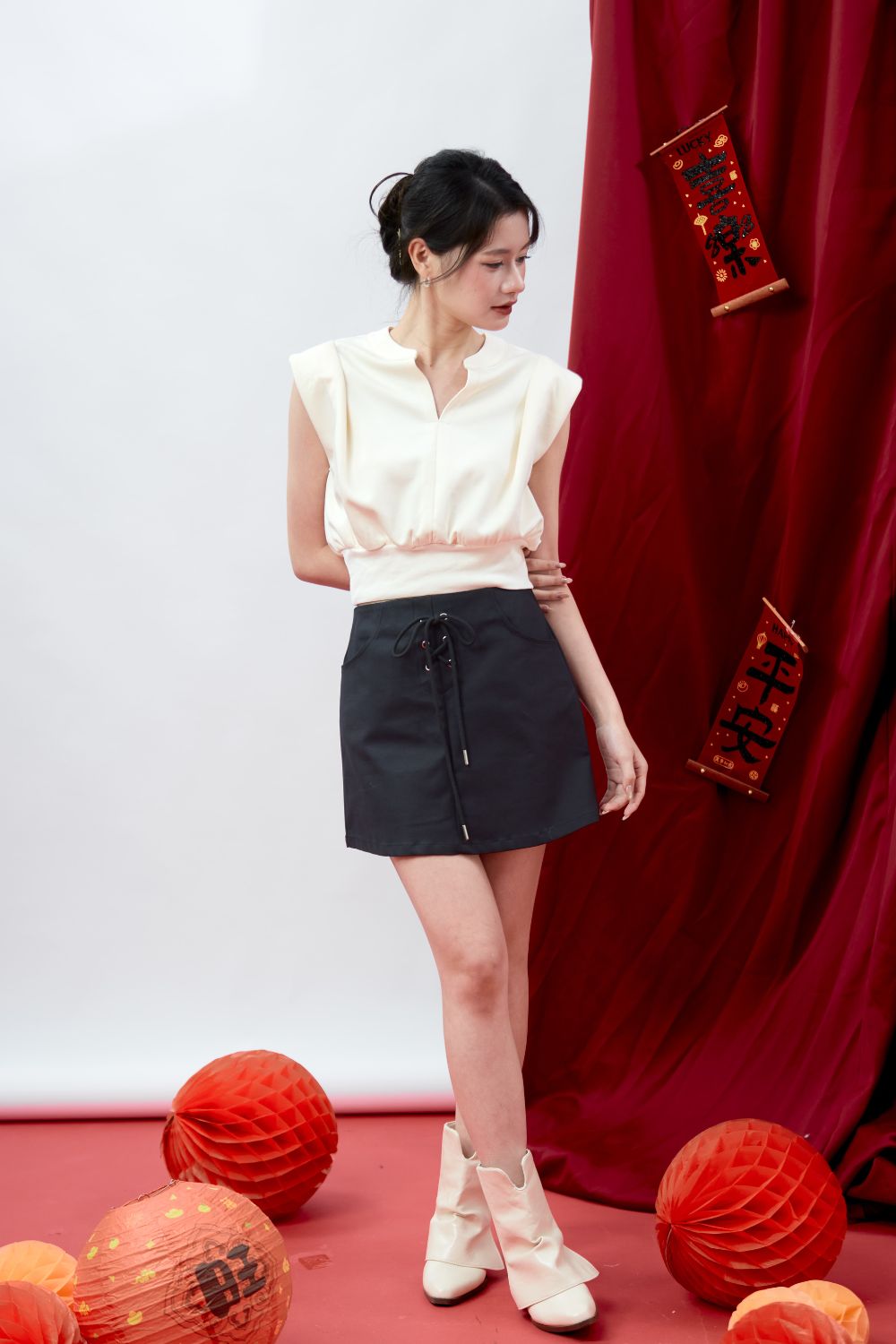 Aralyn Cap Sleeve Pleated Shoulder Knit Top Beige