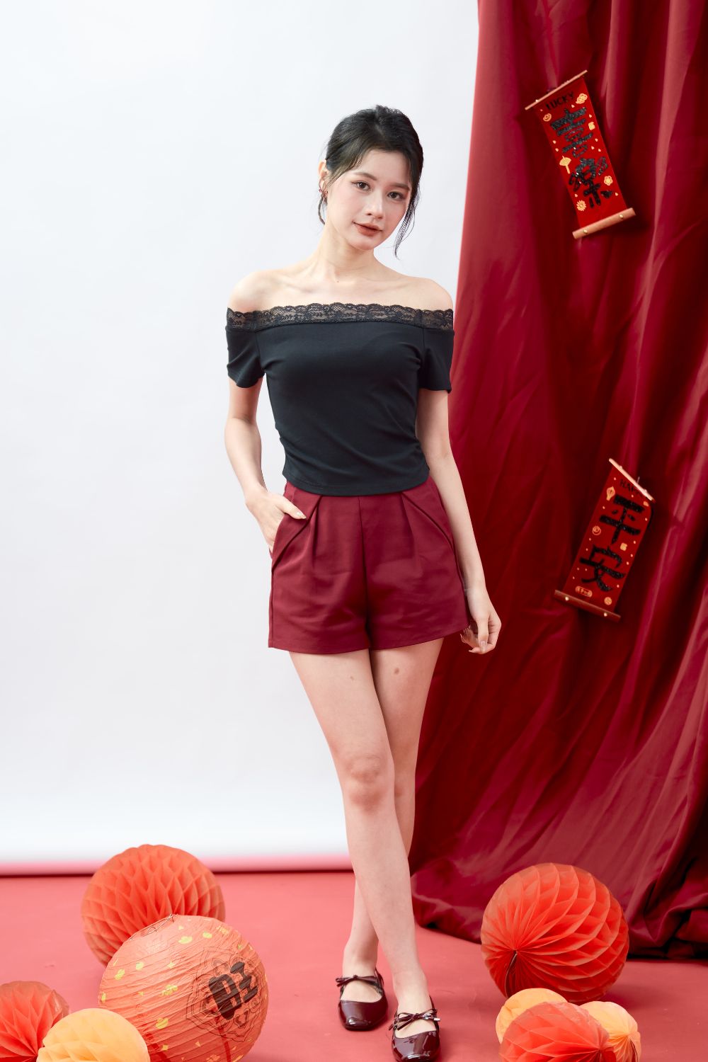 Lucette Off-Shoulder Lace Trim Jersey Top Black