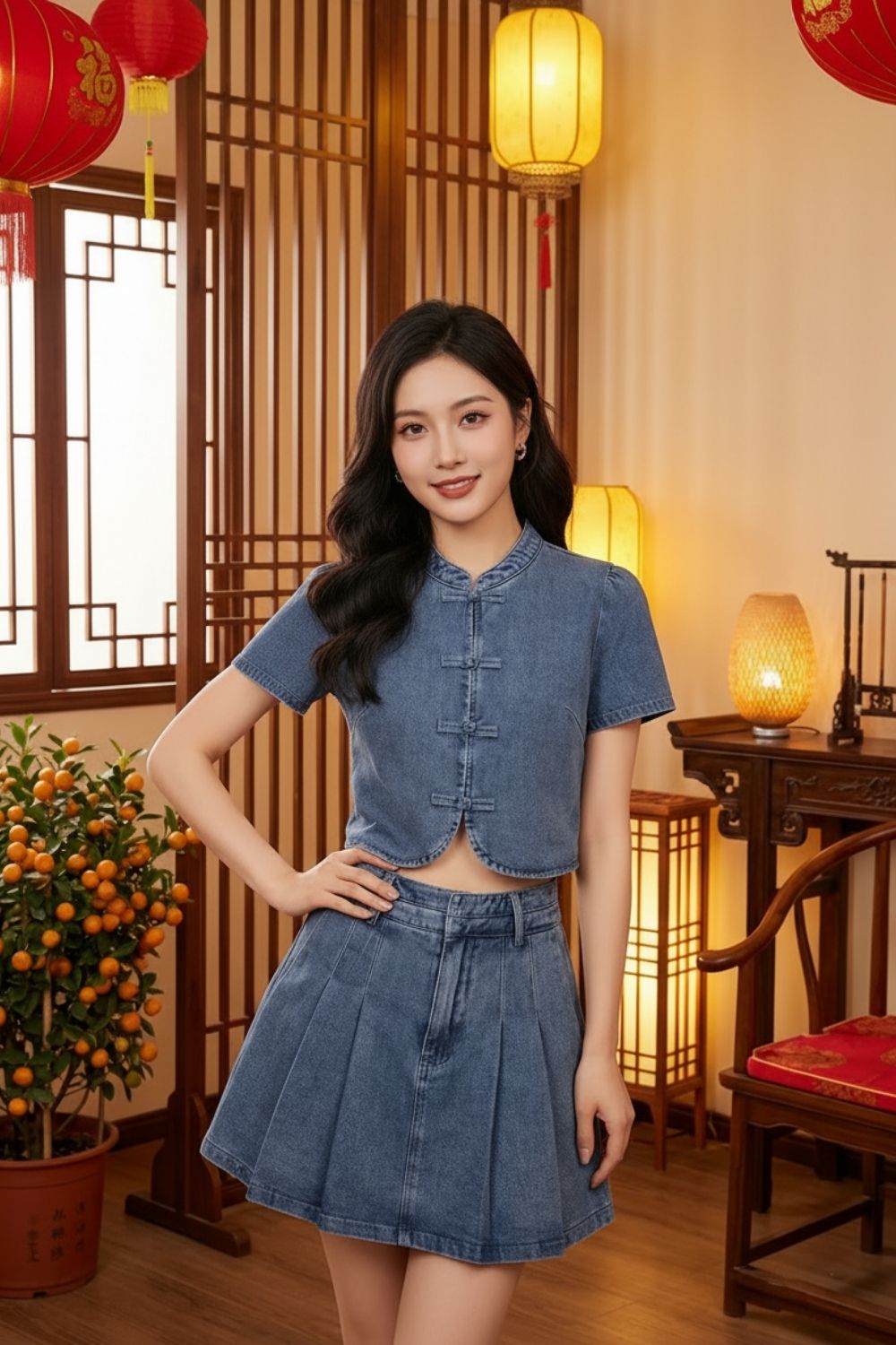 Jovielle Denim Puff Sleeve Cheongsam Top Light Wash