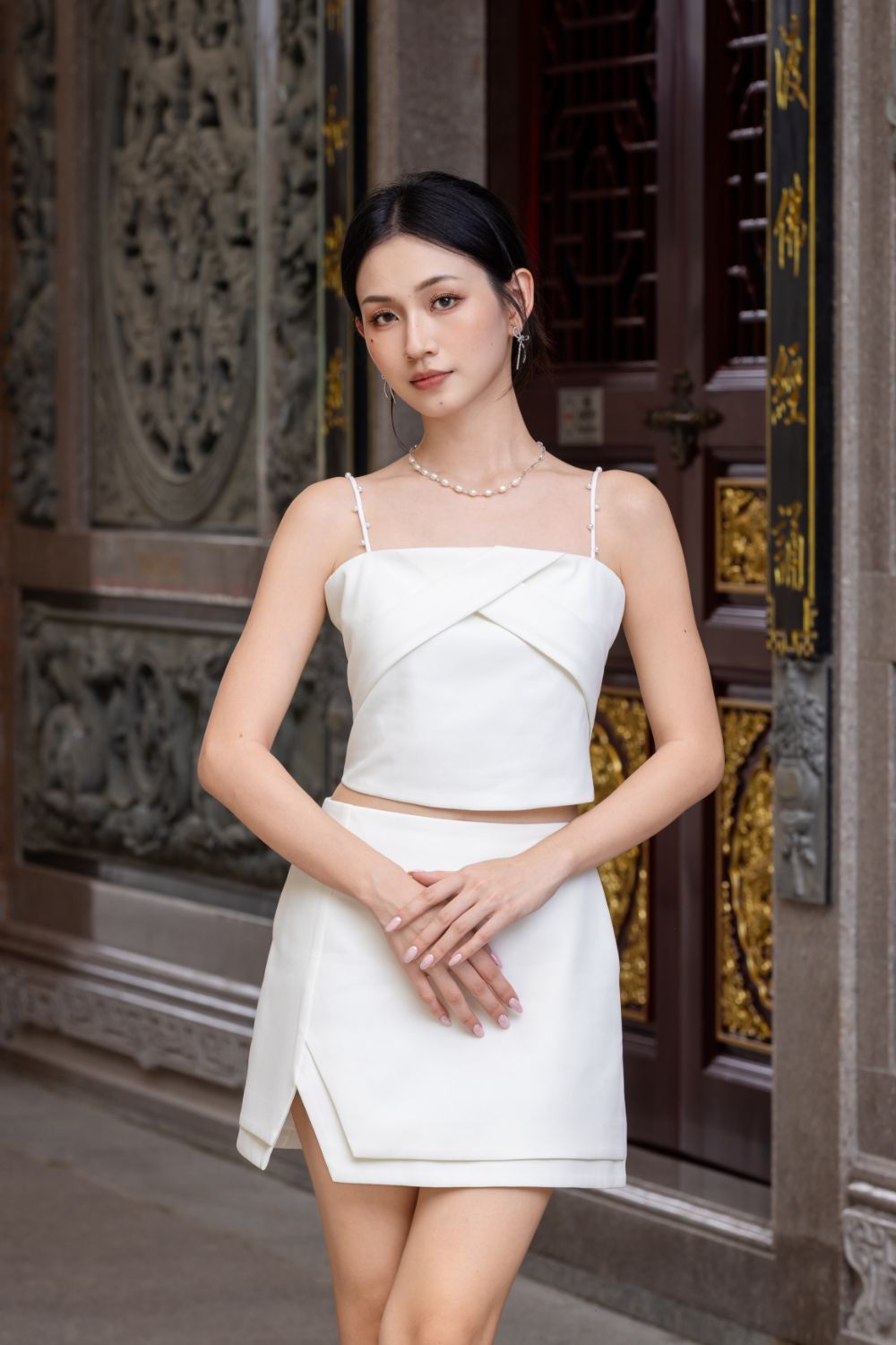 Sabine Pearls Strappy Crop Top Ivory