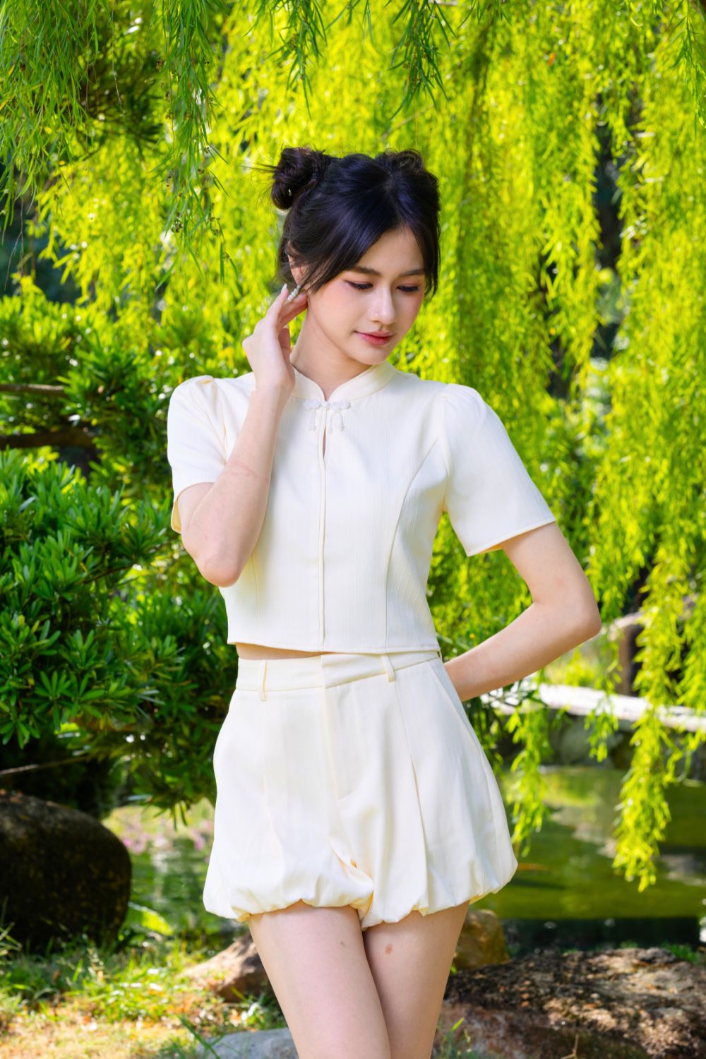 Remie Cotton Blend Cheongsam Top Cream