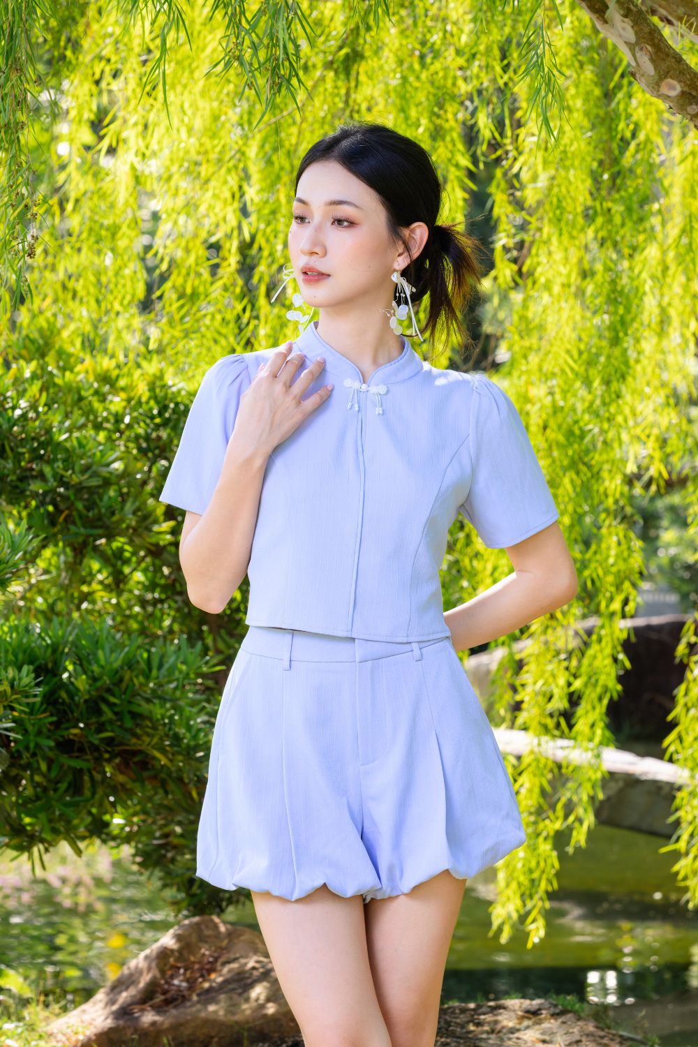 Remie Cotton Blend Cheongsam Top Light Blue