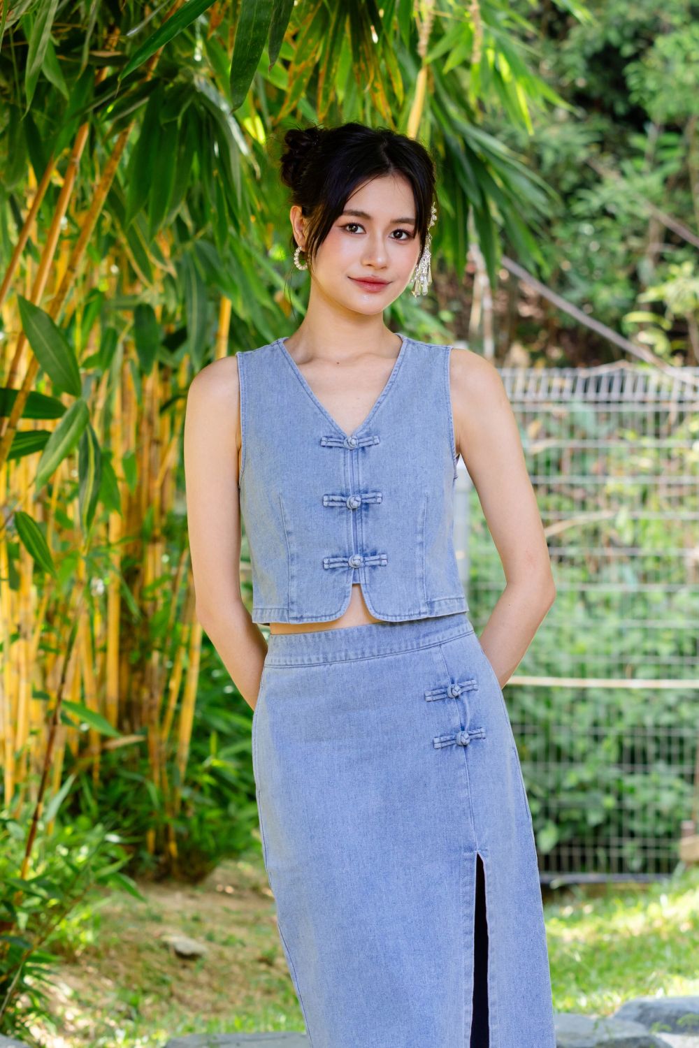 Calantha V Neck Cheongsam Denim Vest