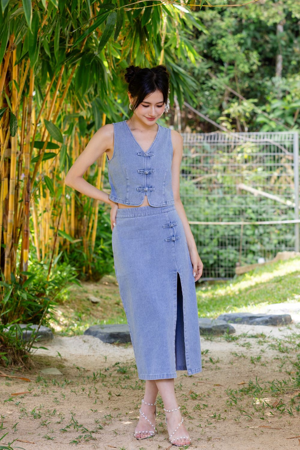 Calantha V Neck Cheongsam Denim Vest