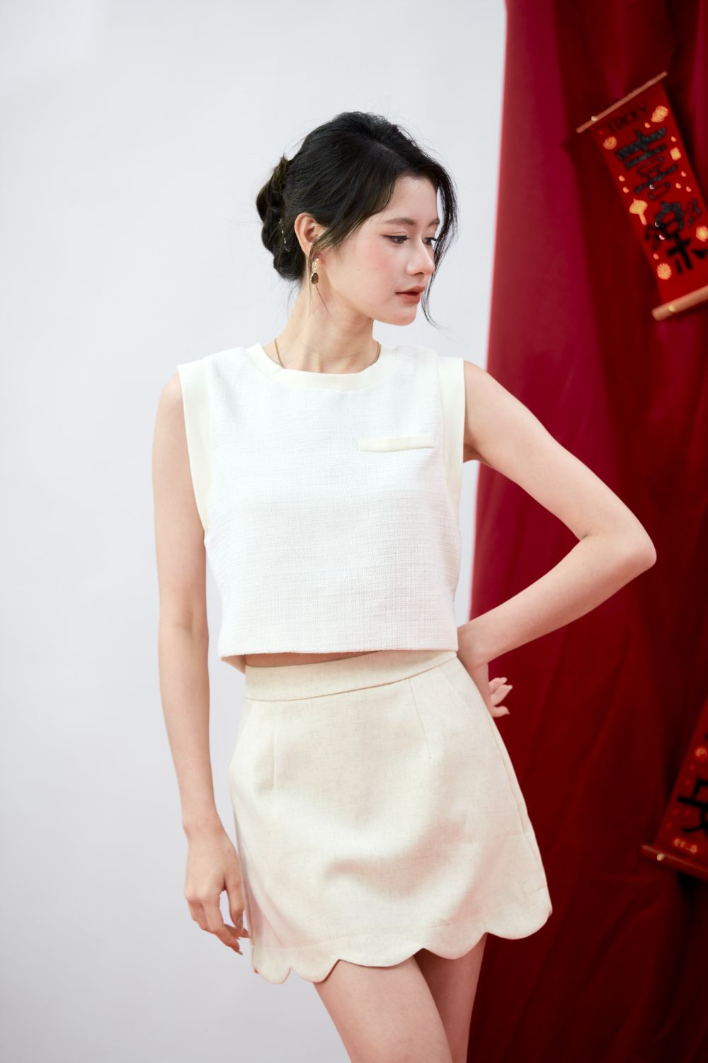 Oriel Tweed Cap Sleeve Top Cream