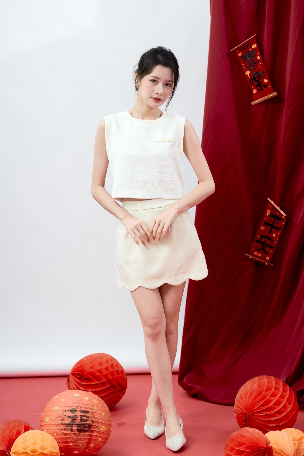 Oriel Tweed Cap Sleeve Top Cream