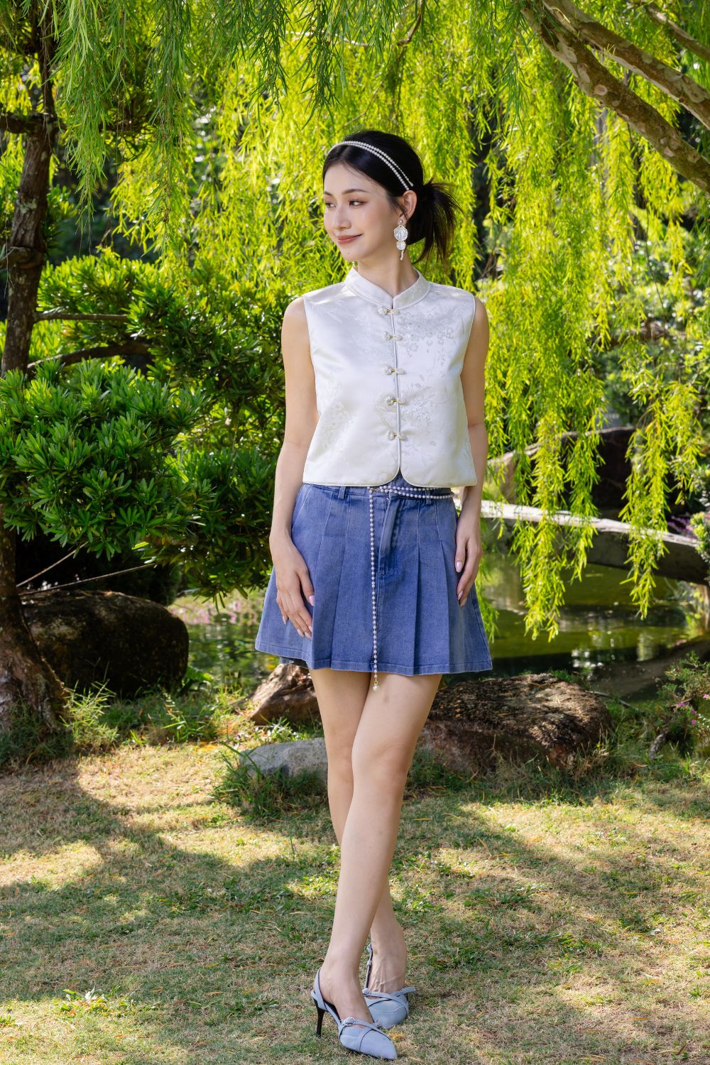 Yelune Jacquard Cheongsam Vest Top Cream