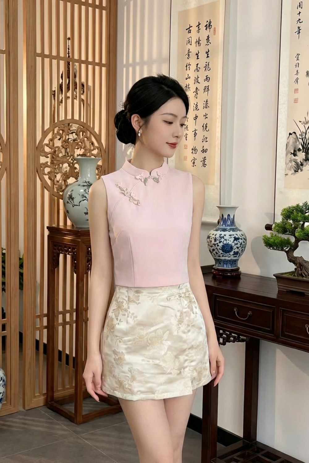 Orlaya Intricate Chinese Knot Cheongsam Sleeveless Top Blush
