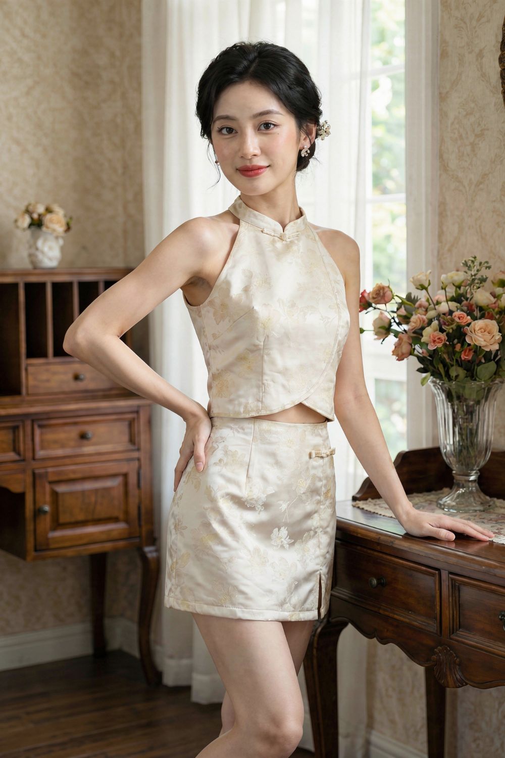 Lunéa Jacquard halter Cheongsam Top Beige