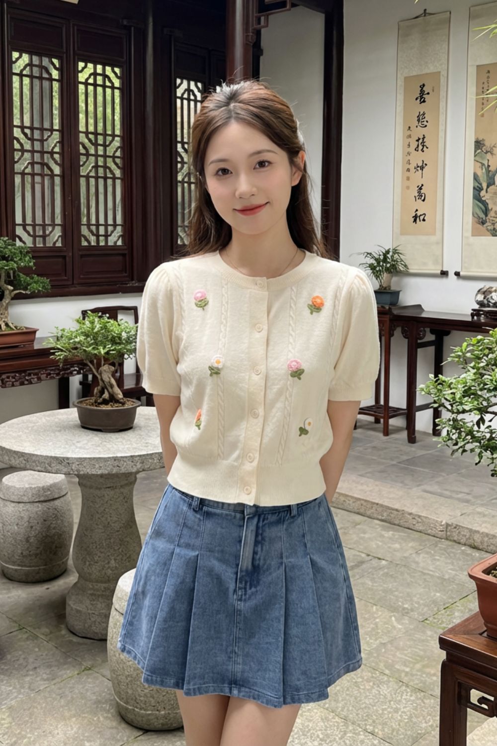 Thalindra Knit Top With Embroidery Flowers Cream